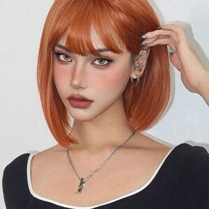 14 Inch Orange Bob Wigs With Bangs Christmas Style Synthetic Wig Women's Wi…